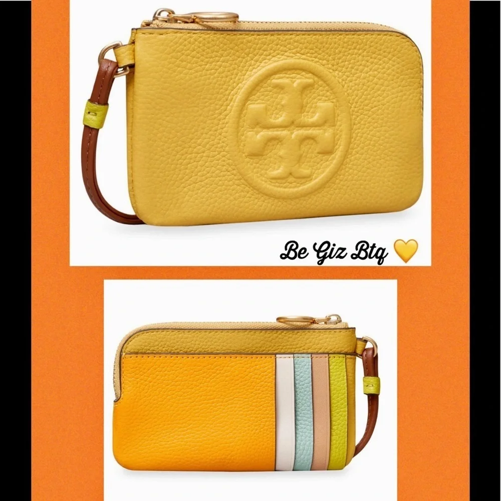 🆑 Tory Burch Authentic Leather Color Block Zip Card Case Yellow NWT